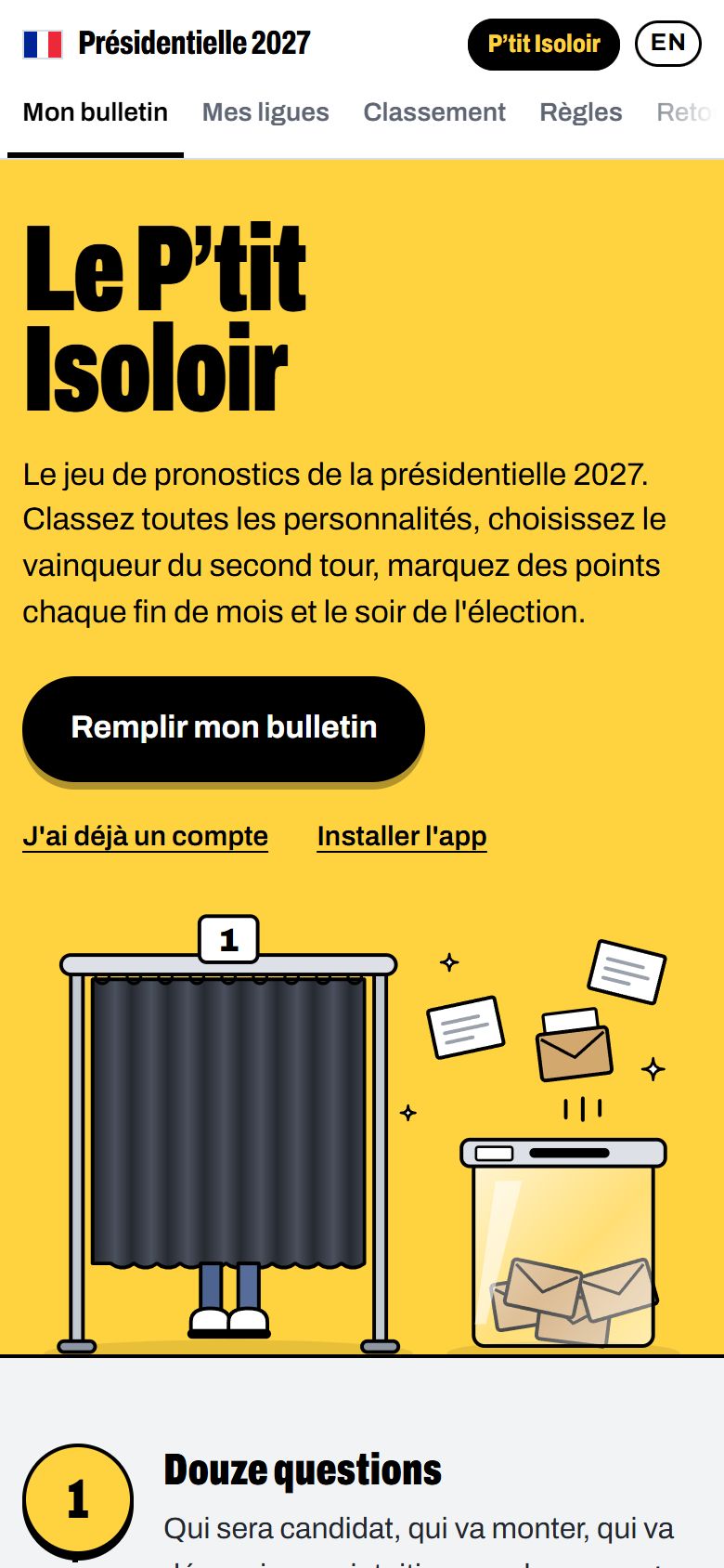 Le P’tit Isoloir sur téléphone, le jeu de pronostics