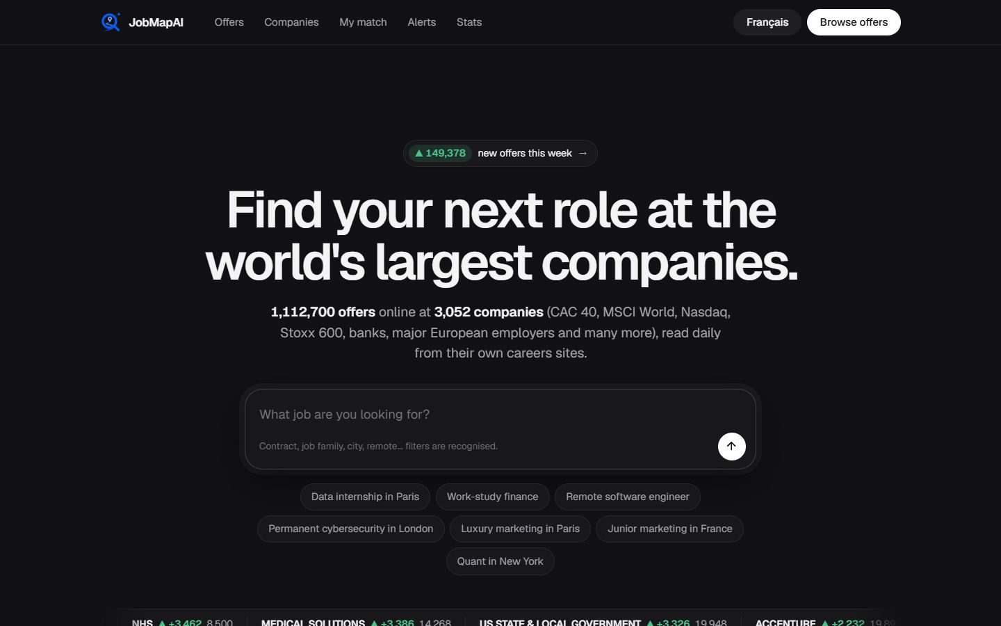 JobMapAI home page: 1,112,700 offers online at 3,052 companies